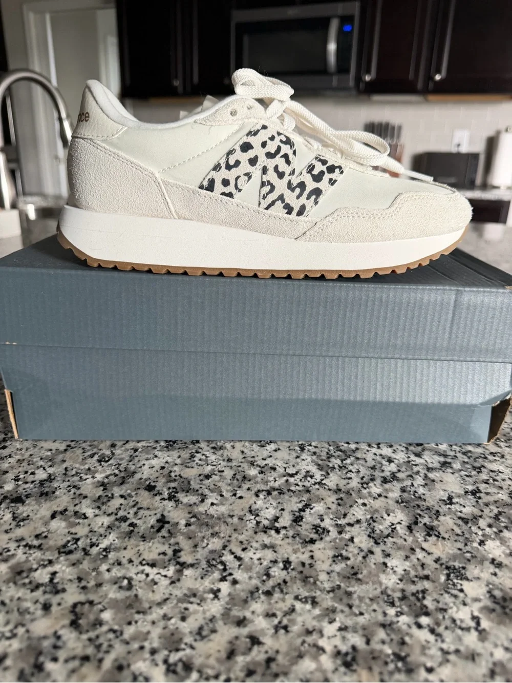 New Balance Women’s 237 Sneakers in Sea Salt with Black Leopard Accent